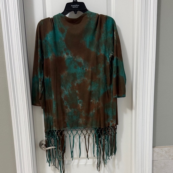 Reba Brown and Teal Tie-Dye Fringe Open-Front Cardigan - Picture 3 of 3